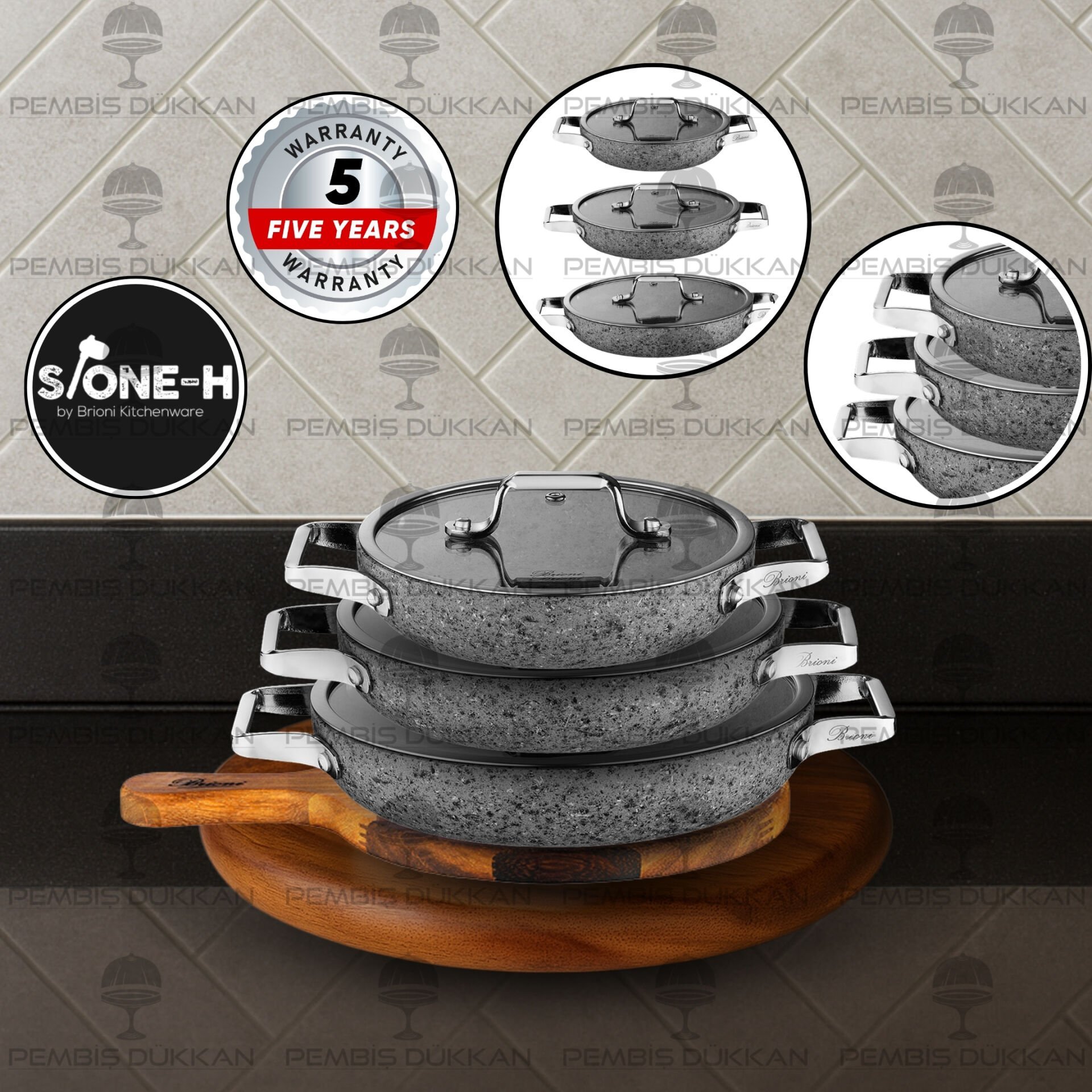 BRİONİ STONE-H 3LÜ KAPAKLI SAHAN SET