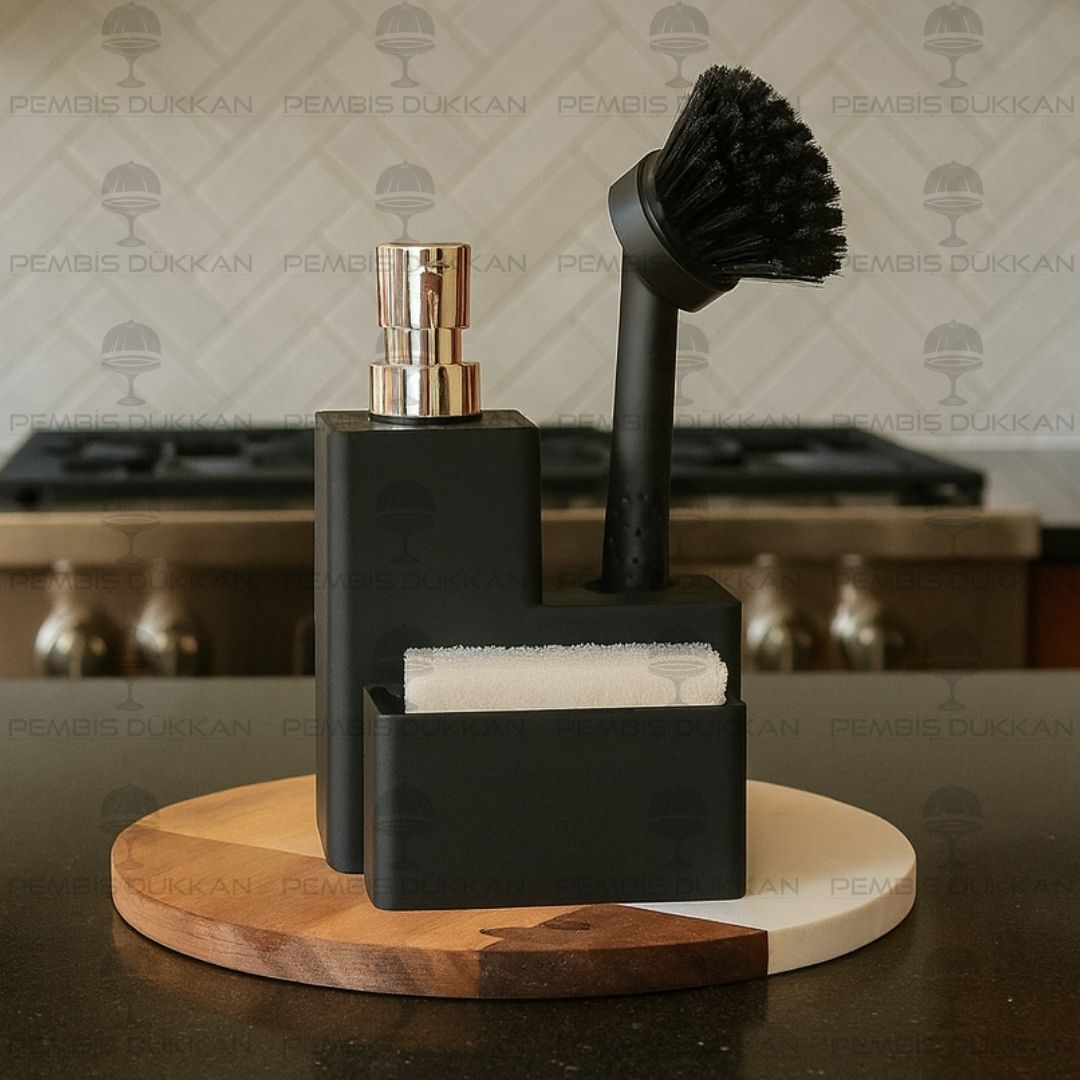 SİYAH VERONA SÜNGERLİK HAZNELİ, FIRÇALI KARE AKRİLİK SABUNLUK (4063)