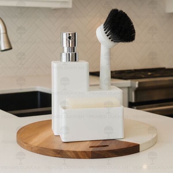 BEYAZ VERONA SÜNGERLİK HAZNELİ, FIRÇALI KARE AKRİLİK SABUNLUK (4063)