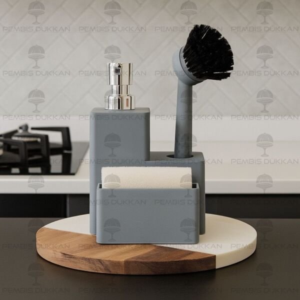 GRİ VERONA SÜNGERLİK HAZNELİ, FIRÇALI KARE AKRİLİK SABUNLUK (4063)