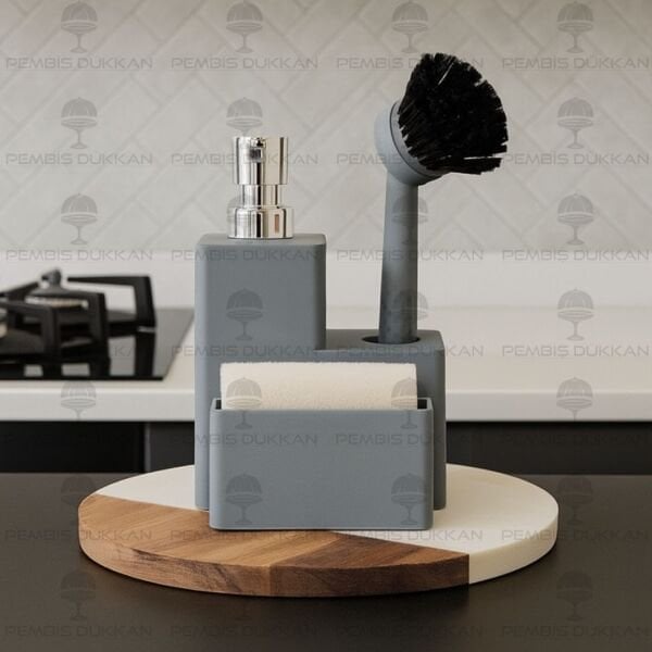 GRİ VERONA SÜNGERLİK HAZNELİ, FIRÇALI KARE AKRİLİK SABUNLUK (4063)