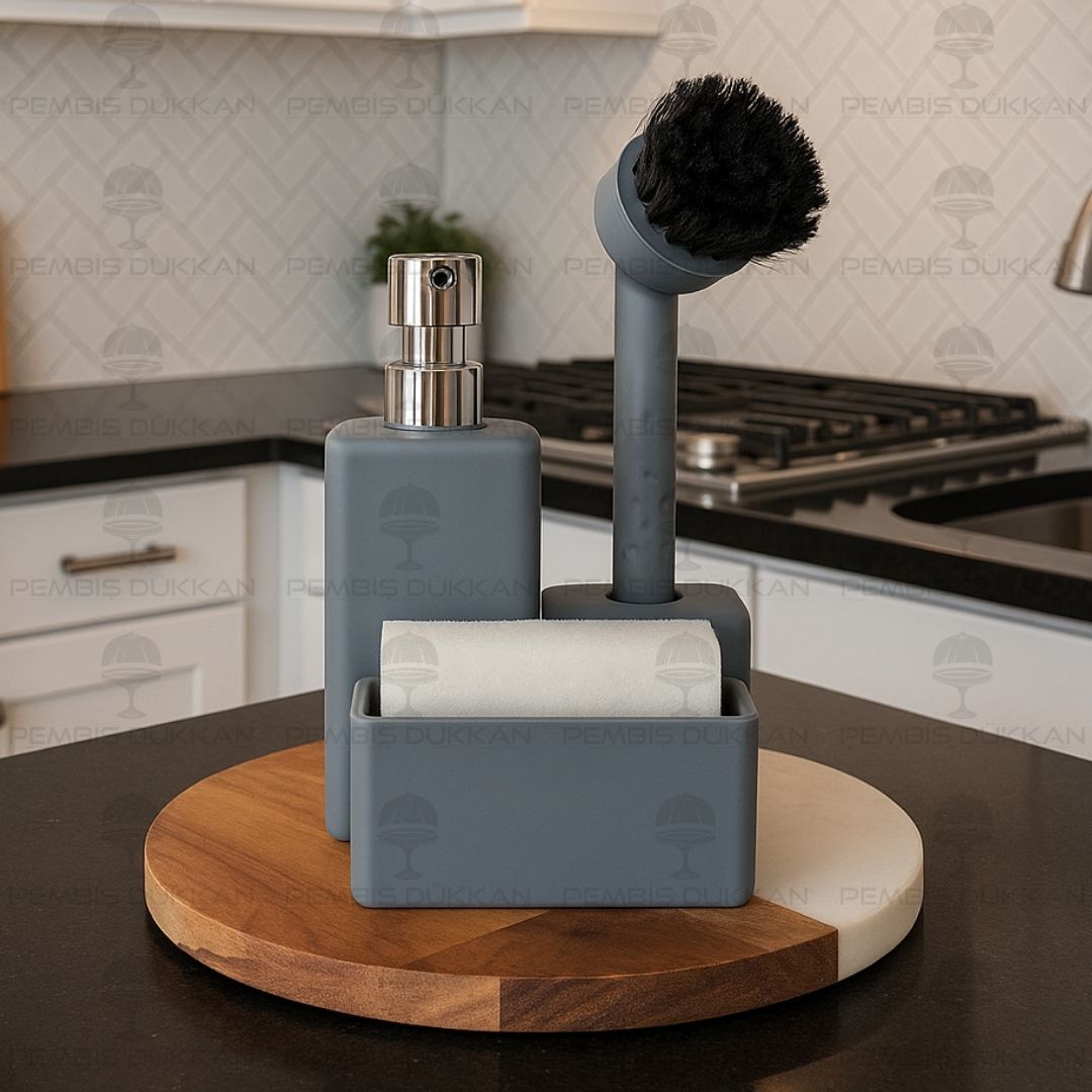 GRİ VERONA SÜNGERLİK HAZNELİ, FIRÇALI KARE AKRİLİK SABUNLUK (4063)