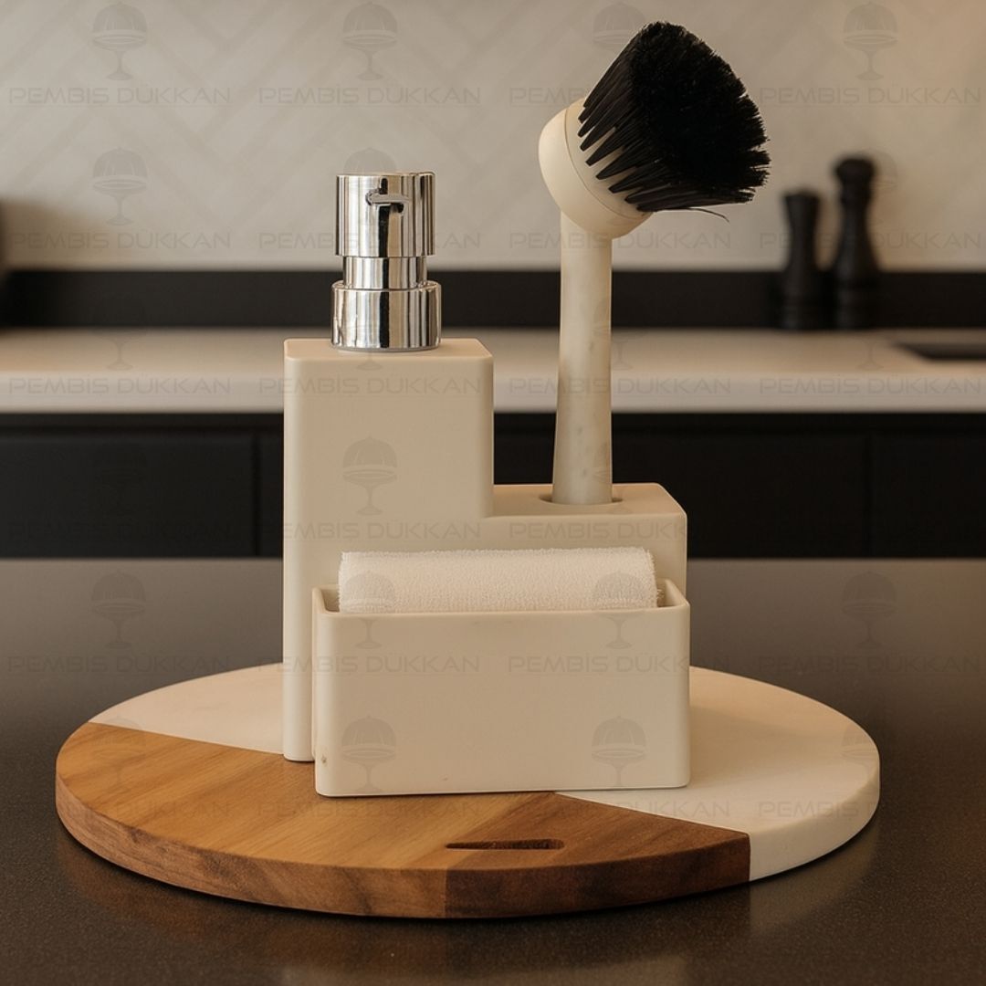 KREM VERONA SÜNGERLİK HAZNELİ, FIRÇALI KARE AKRİLİK SABUNLUK (4063)