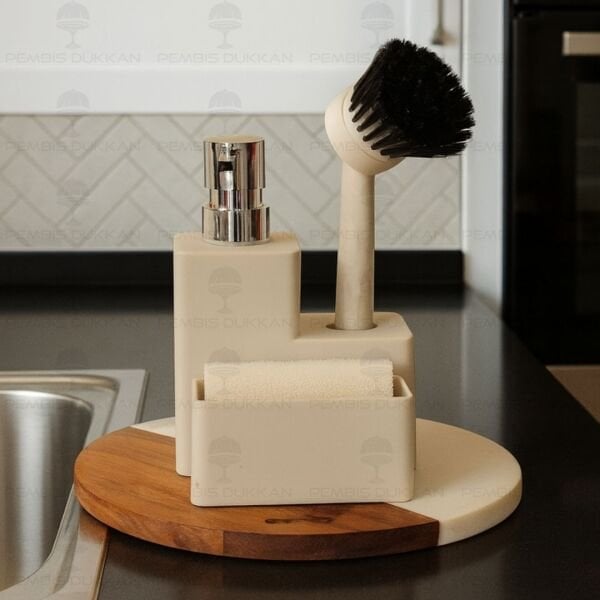 KREM VERONA SÜNGERLİK HAZNELİ, FIRÇALI KARE AKRİLİK SABUNLUK (4063)