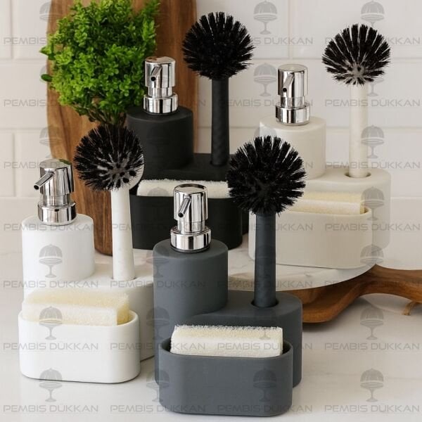 SİYAH PORTE SÜNGERLİK HAZNELİ, FIRÇALI YUVARLAK AKRİLİK SABUNLUK (4064)