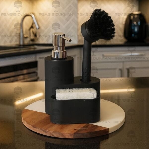 SİYAH PORTE SÜNGERLİK HAZNELİ, FIRÇALI YUVARLAK AKRİLİK SABUNLUK (4064)