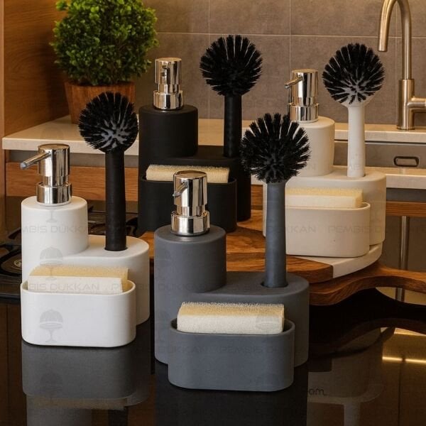 BEYAZ PORTE SÜNGERLİK HAZNELİ, FIRÇALI YUVARLAK AKRİLİK SABUNLUK (4064)