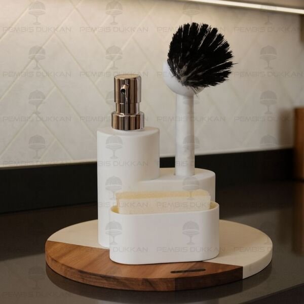 BEYAZ PORTE SÜNGERLİK HAZNELİ, FIRÇALI YUVARLAK AKRİLİK SABUNLUK (4064)