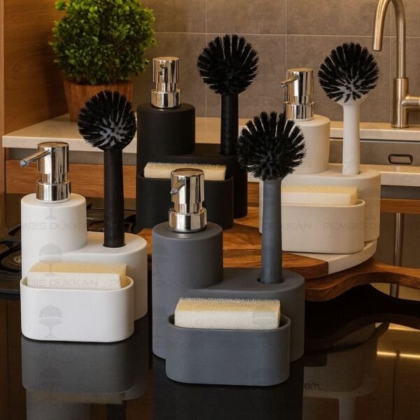 GRİ PORTE SÜNGERLİK HAZNELİ, FIRÇALI YUVARLAK AKRİLİK SABUNLUK (4064)