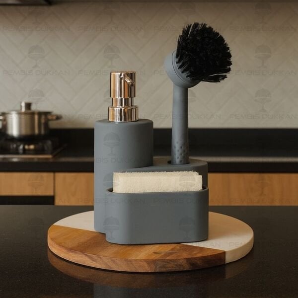 GRİ PORTE SÜNGERLİK HAZNELİ, FIRÇALI YUVARLAK AKRİLİK SABUNLUK 4064