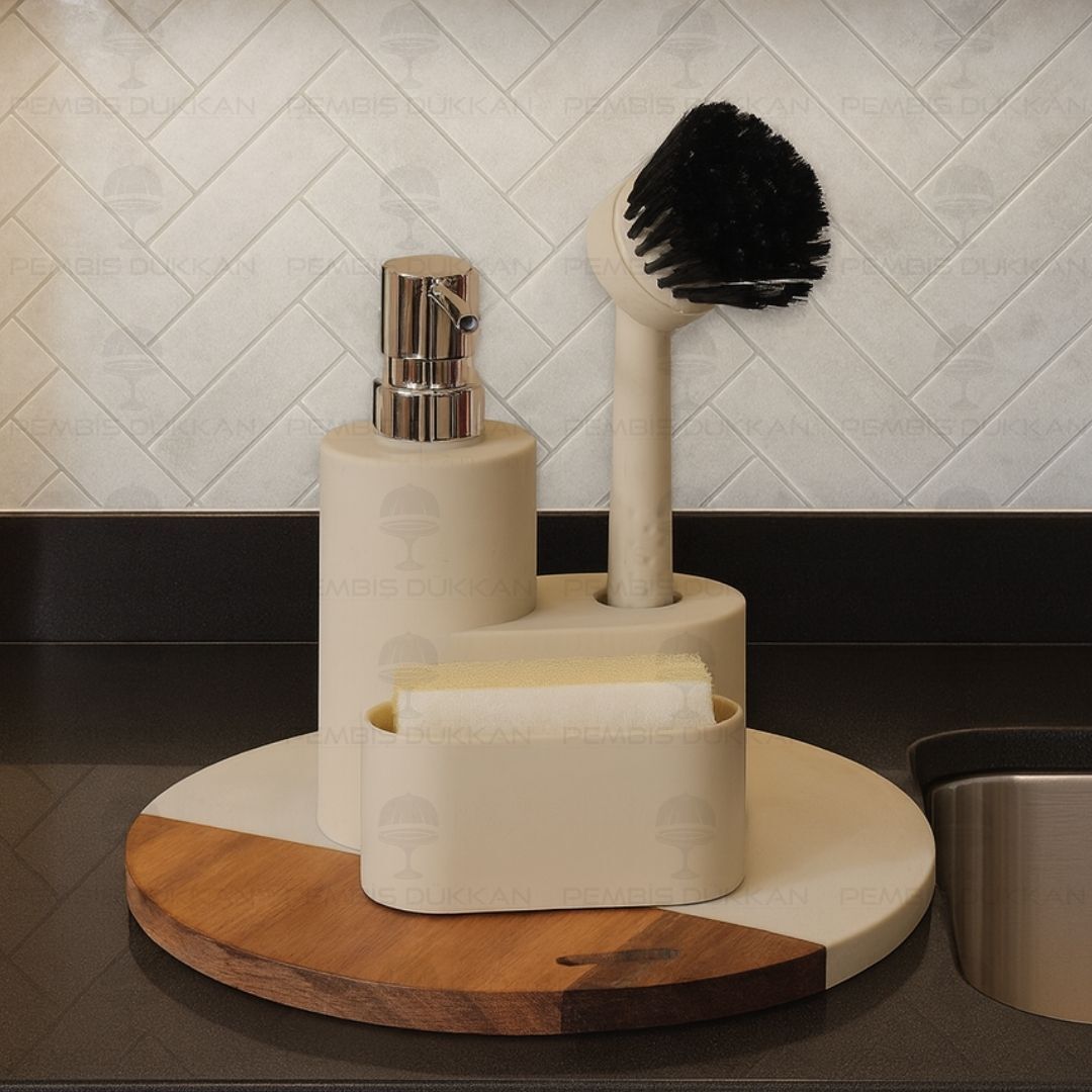 KREM PORTE SÜNGERLİK HAZNELİ, FIRÇALI YUVARLAK AKRİLİK SABUNLUK (4064)