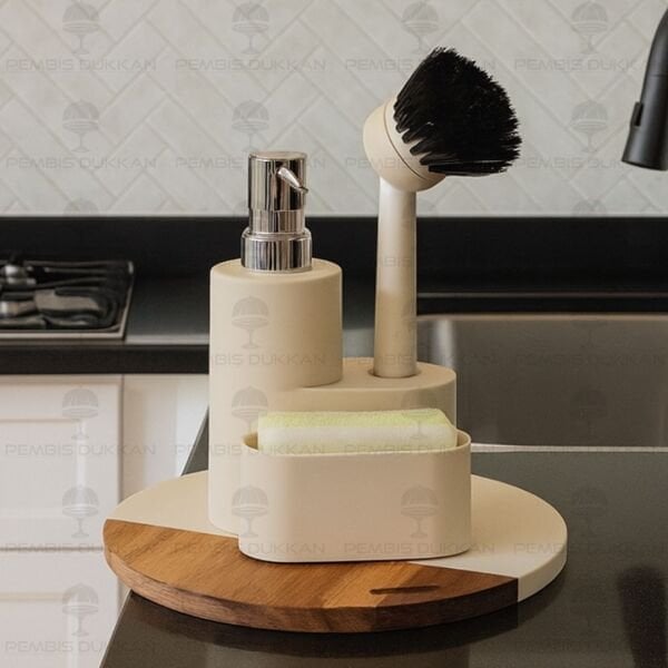 KREM PORTE SÜNGERLİK HAZNELİ, FIRÇALI YUVARLAK AKRİLİK SABUNLUK (4064)