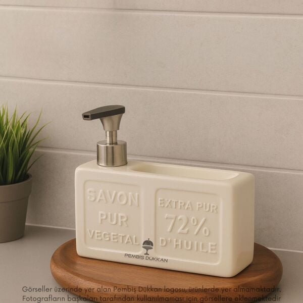 KREM BOHEM SÜNGERLİK HAZNELİ SERAMİK SIVI SABUNLUK 6F06