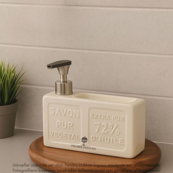 KREM BOHEM SÜNGERLİK HAZNELİ, SERAMİK SIVI SABUNLUK (6F06)