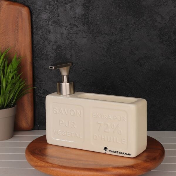 KREM BOHEM SÜNGERLİK HAZNELİ, SERAMİK SIVI SABUNLUK (6F06)