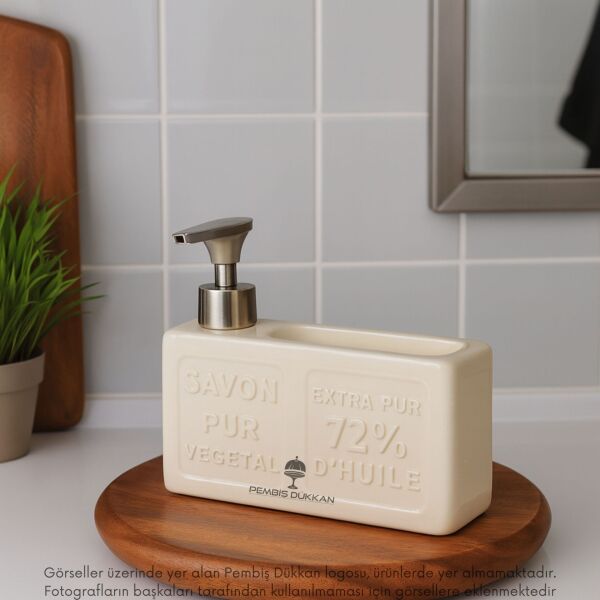 KREM BOHEM SÜNGERLİK HAZNELİ, SERAMİK SIVI SABUNLUK (6F06)