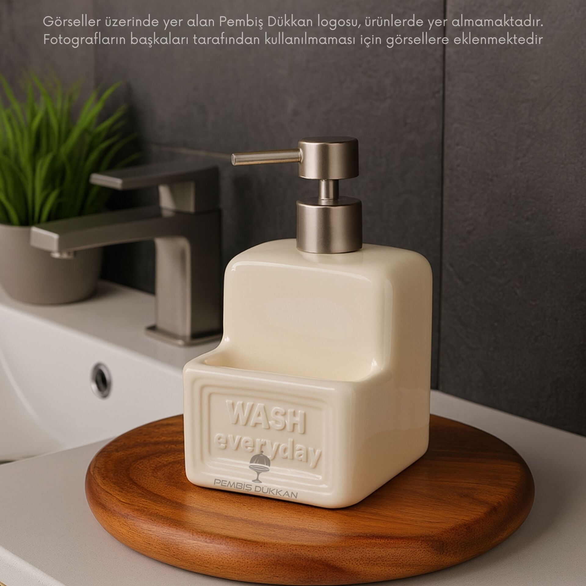 KREM BOHEM SÜNGERLİK HAZNELİ, SERAMİK SIVI SABUNLUK (6F04)