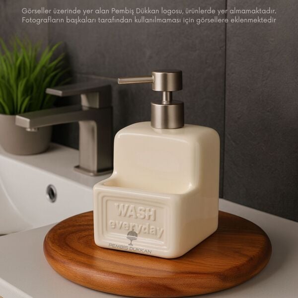 KREM BOHEM SÜNGERLİK HAZNELİ SERAMİK SIVI SABUNLUK 6F04