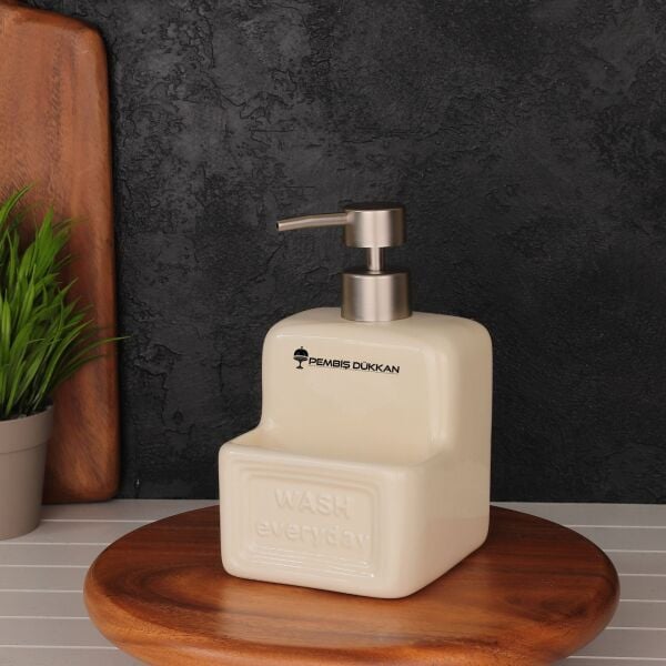 KREM BOHEM SÜNGERLİK HAZNELİ SERAMİK SIVI SABUNLUK 6F04