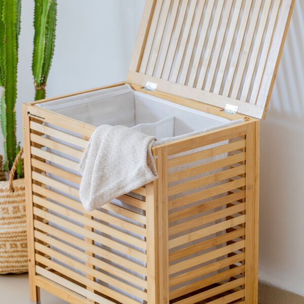 BAMBU 2 BÖLMELİ ÇİZGİLİ BOHEM ÇAMAŞIR SEPETİ (21510)