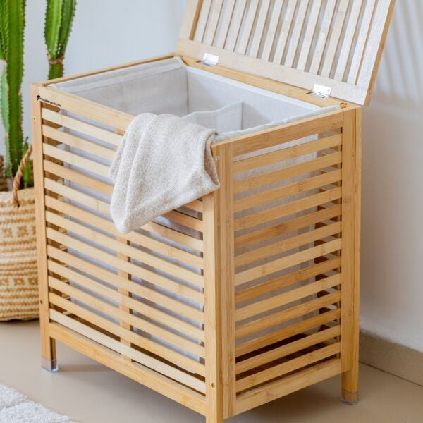 BAMBU 2 BÖLMELİ ÇİZGİLİ BOHEM ÇAMAŞIR SEPETİ (21510)