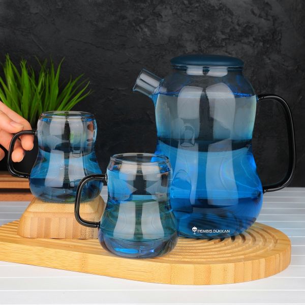 3LÜ MAVİ, SİLİKON KAPAKLI BOROSİLİKAT CAM SÜRAHİ SET (4035)