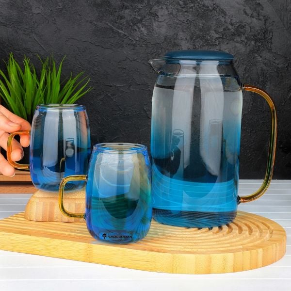 3LÜ MAVİ, SİLİKON KAPAKLI BOROSİLİKAT CAM SÜRAHİ SET (4040)