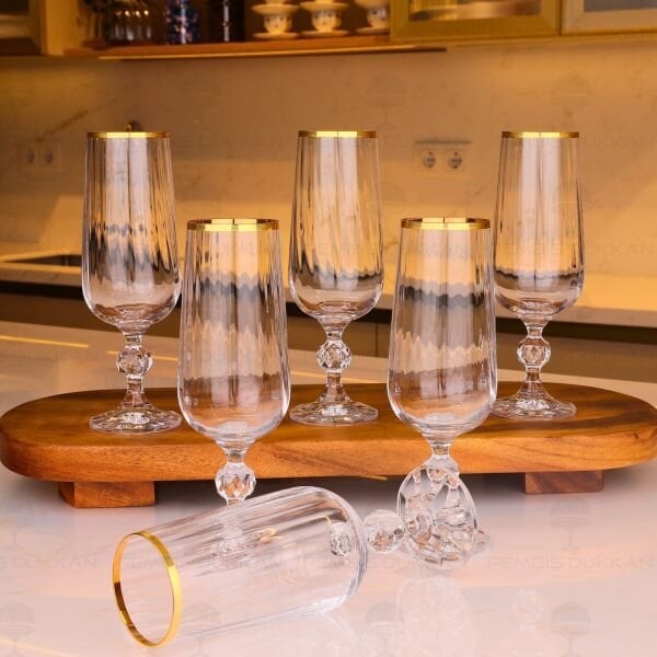 FLÜT ÇİZGİLİ GOLD 6LI KAHVE YANI KADEH