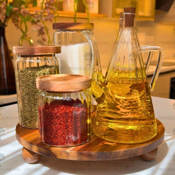 4lü Akasya Standlı İbrik Ocak Yanı Yağdanlık Kombin Set 38