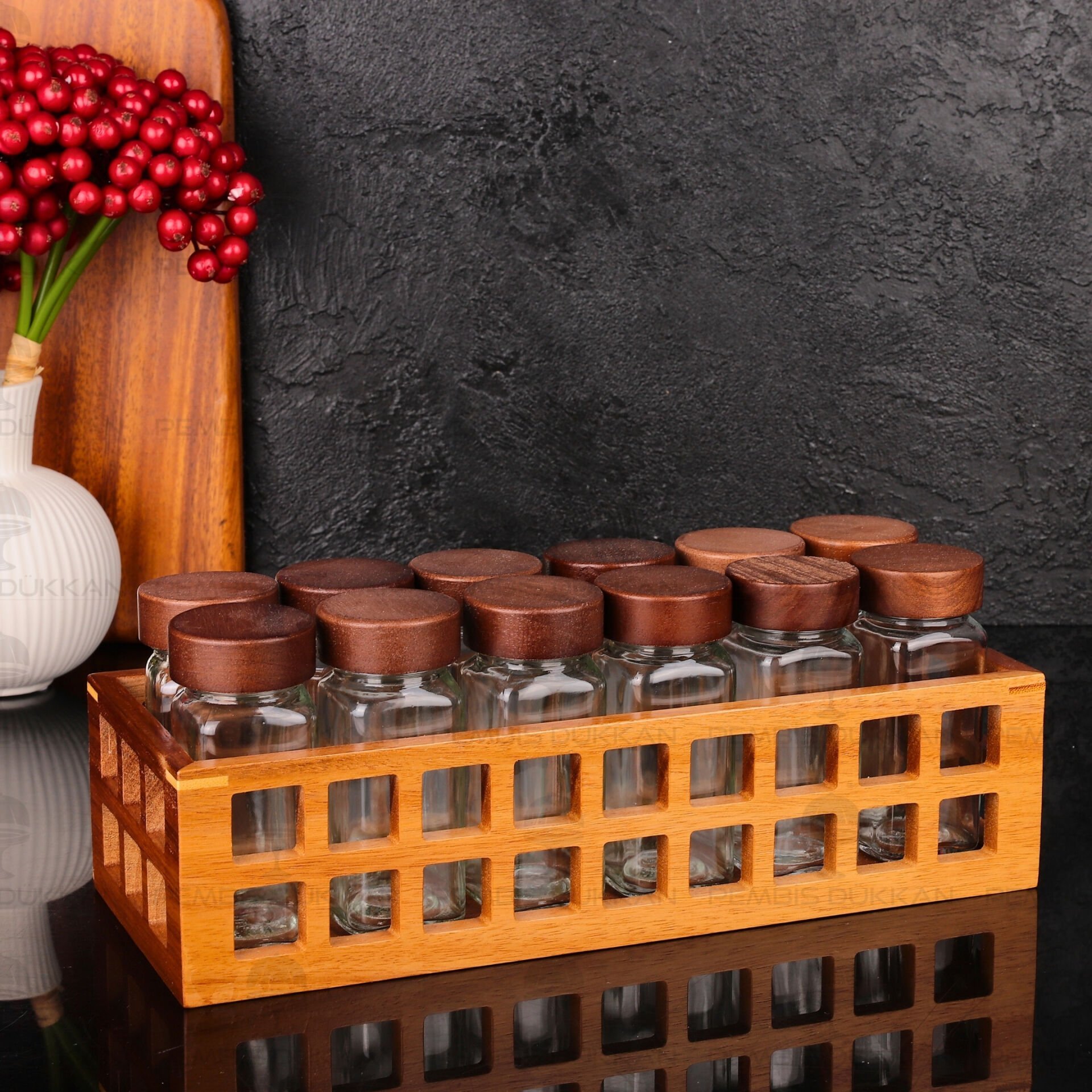 AKASYA KAFES STANDLI, 12Lİ BOHEM AKASYA KAPAKLI BAHARATLIK SET (1536)
