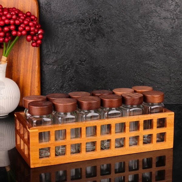 KAFES STANDLI, 12Lİ AKASYA KAPAKLI BAHARATLIK SET (1536)