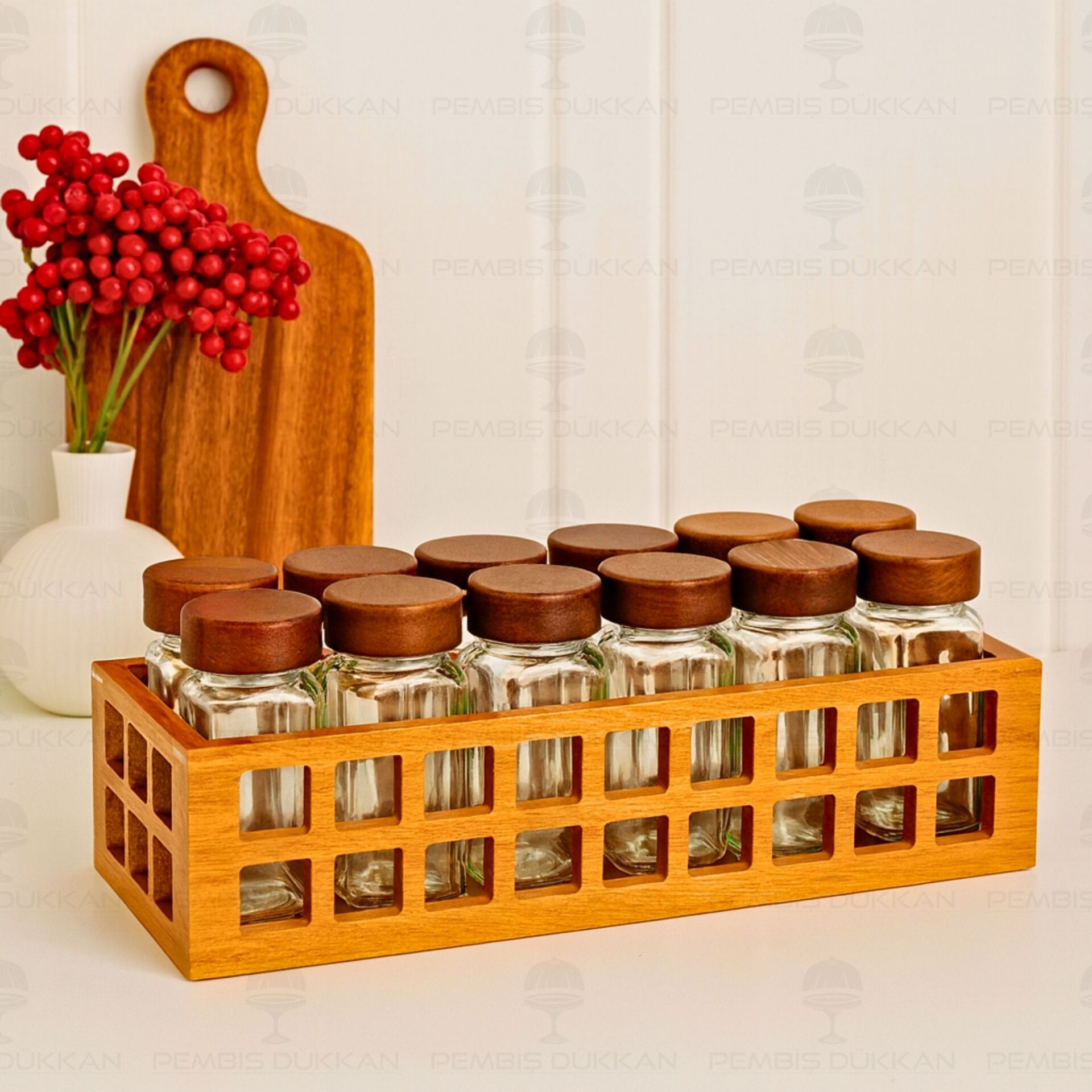KAFES STANDLI, 12Lİ AKASYA KAPAKLI BAHARATLIK SET (1536)