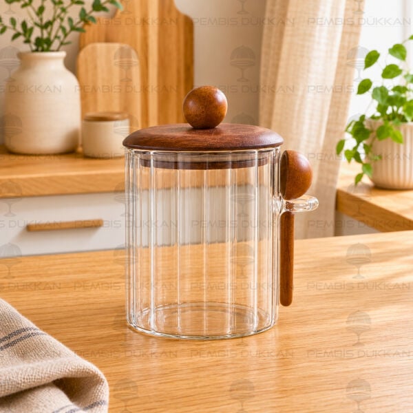Salda 650ml Kaşıklı, Akasya Kapaklı Çizgili Kavanoz (HJ133)