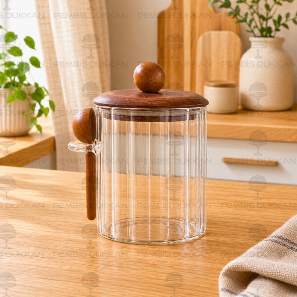 Salda 650ml Kaşıklı, Akasya Kapaklı Çizgili Kavanoz (HJ133)