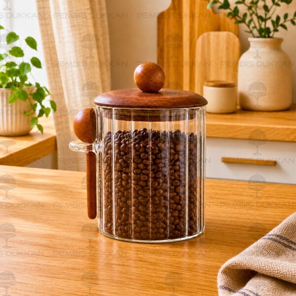 Salda 650ml Kaşıklı, Akasya Kapaklı Çizgili Kavanoz (HJ133)