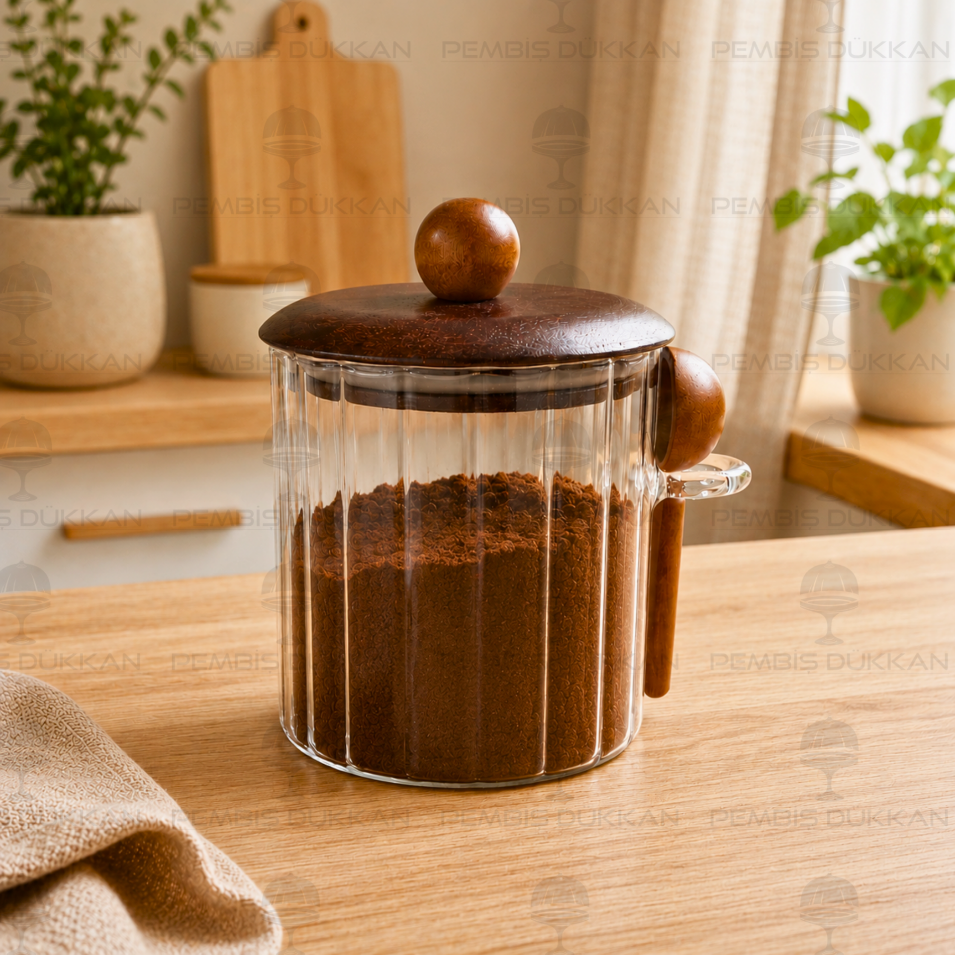 Salda 650ml Kaşıklı, Akasya Kapaklı Çizgili Kavanoz (HJ133)