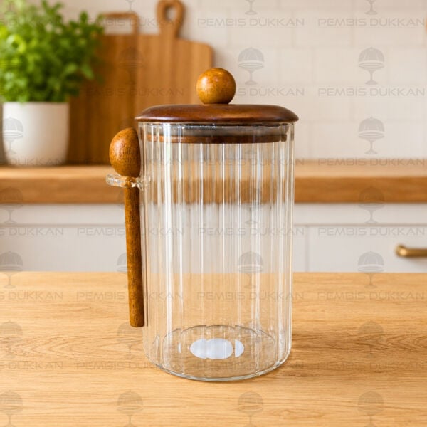 Salda 1000ml Kaşıklı, Akasya Kapaklı Çizgili Kavanoz (HJ134)