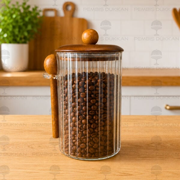 Salda 1000ml Kaşıklı, Akasya Kapaklı Çizgili Kavanoz (HJ134)