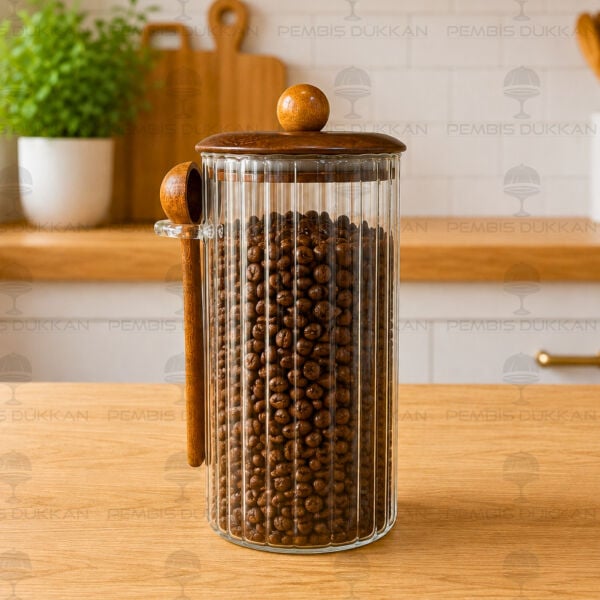 Salda 1350ml Kaşıklı, Akasya Kapaklı Çizgili Kavanoz (HJ135)