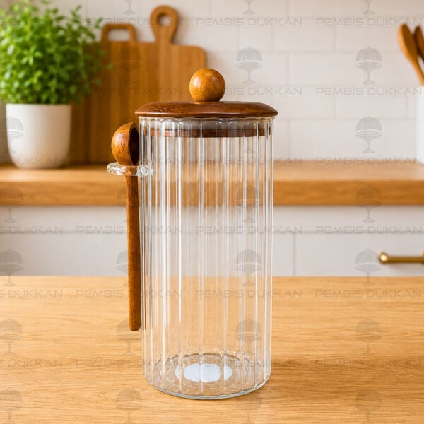 Salda 1350ml Kaşıklı, Akasya Kapaklı Çizgili Kavanoz (HJ135)