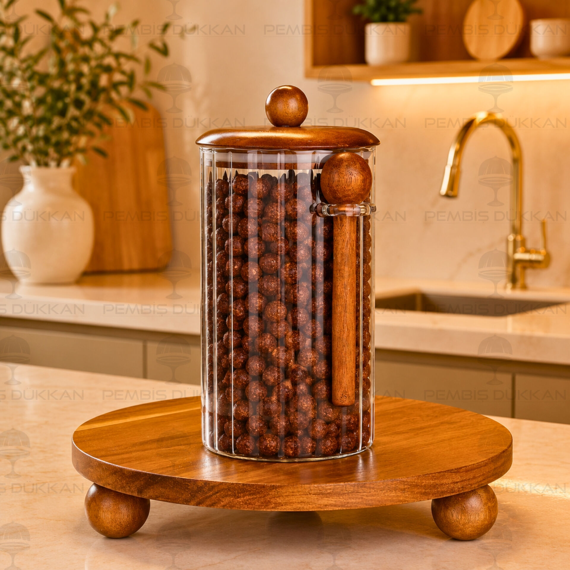 Salda 1350ml Kaşıklı, Akasya Kapaklı Çizgili Kavanoz (HJ135)