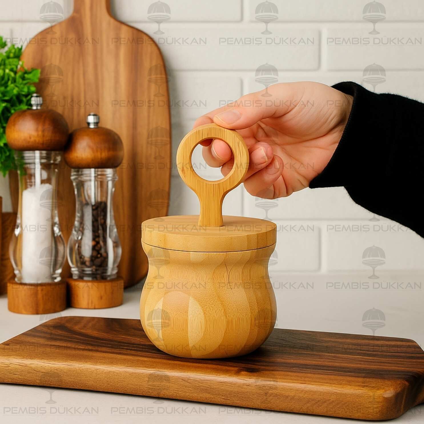 BAMBU RİNG ŞEKERLİK & OCAK YANI TUZ KABI KAVANOZ (7B132)