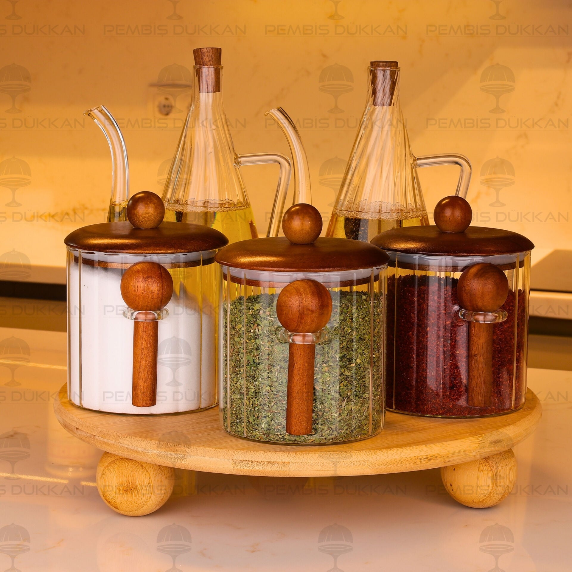 5li Bambu Standlı İbrik Ocak Yanı Yağdanlık Kombin Set 42