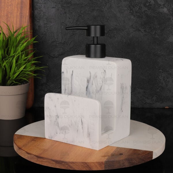 Beyaz Sponge Mermer Desenli, Süngerlik Hazneli Polyresin Sıvı Sabunluk (56795)