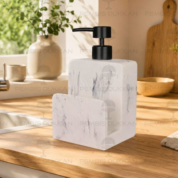 Beyaz Sponge Mermer Desenli, Süngerlik Hazneli Polyresin Sıvı Sabunluk (56795)