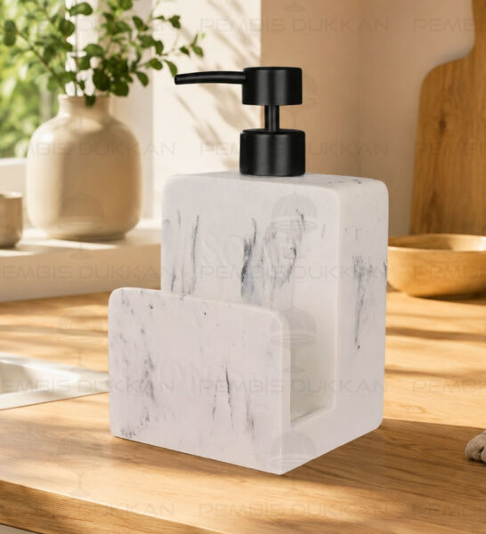 Beyaz Sponge Mermer Desenli, Süngerlik Hazneli Polyresin Sıvı Sabunluk (56795)