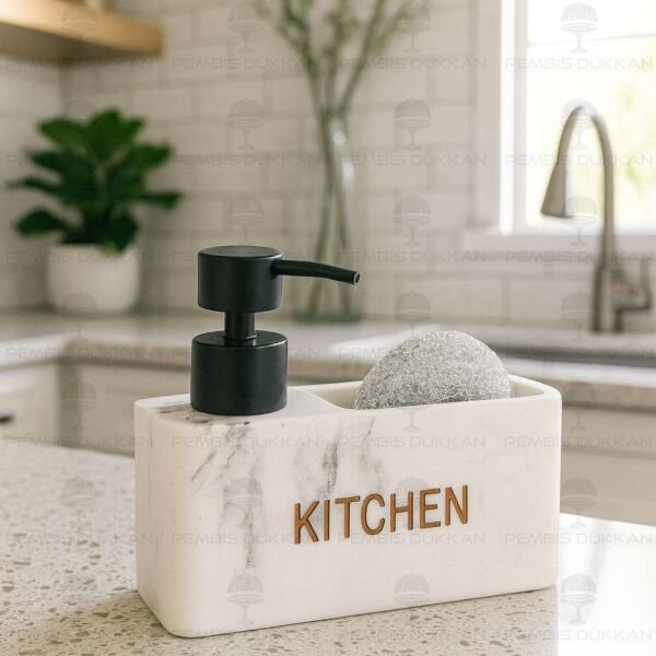 BEYAZ MERMER DESENLİ, SÜNGERLİK HAZNELİ POLYRESİN SIVI SABUNLUK (56789)