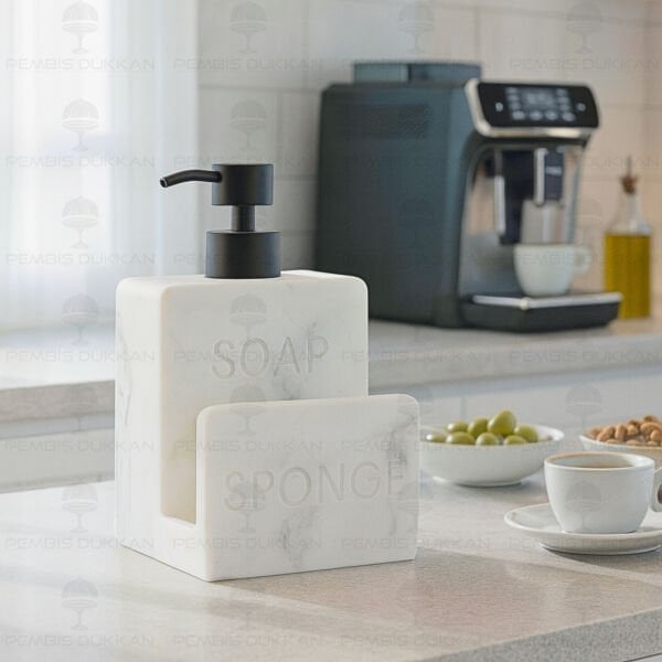 BEYAZ SPONGE MERMER DESENLİ, SÜNGERLİK HAZNELİ POLYRESİN SIVI SABUNLUK (56795)