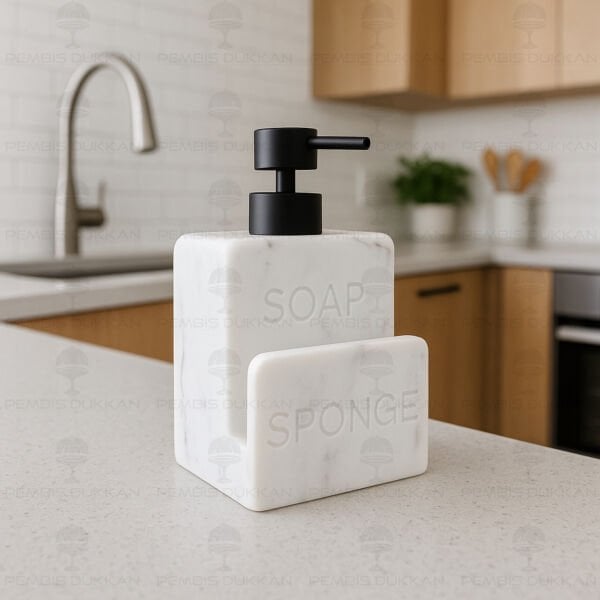 BEYAZ SPONGE MERMER DESENLİ, SÜNGERLİK HAZNELİ POLYRESİN SIVI SABUNLUK (56795)