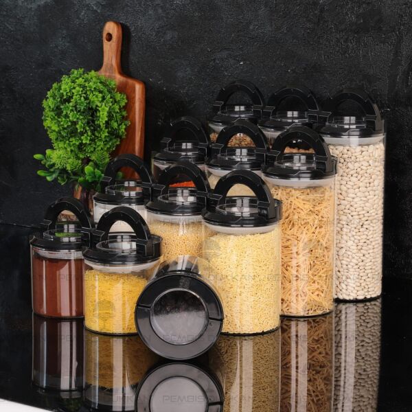 12Lİ SİYAH TESORA, ERZAK KAVANOZ SETİ (850ML-1300ML-1650ML-2100ML)